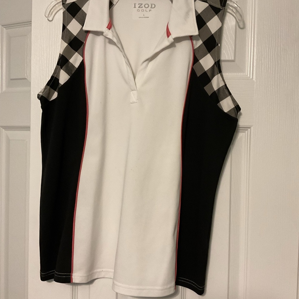 Izod Ladies Sleeveless Golf Shirt - Black and White with pink piping